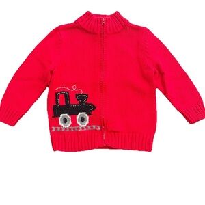 Oh Kosh Boys 2T Red Sweater With Train‎ Zip Up Rib Knit Preppy Christmas Holiday